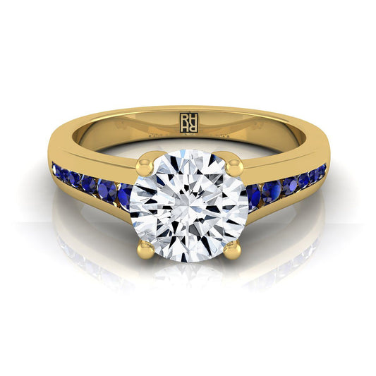 แหวนหมั้น 14K Yellow Gold Round Brilliant Contemporary Tapered Blue Sapphire Channel