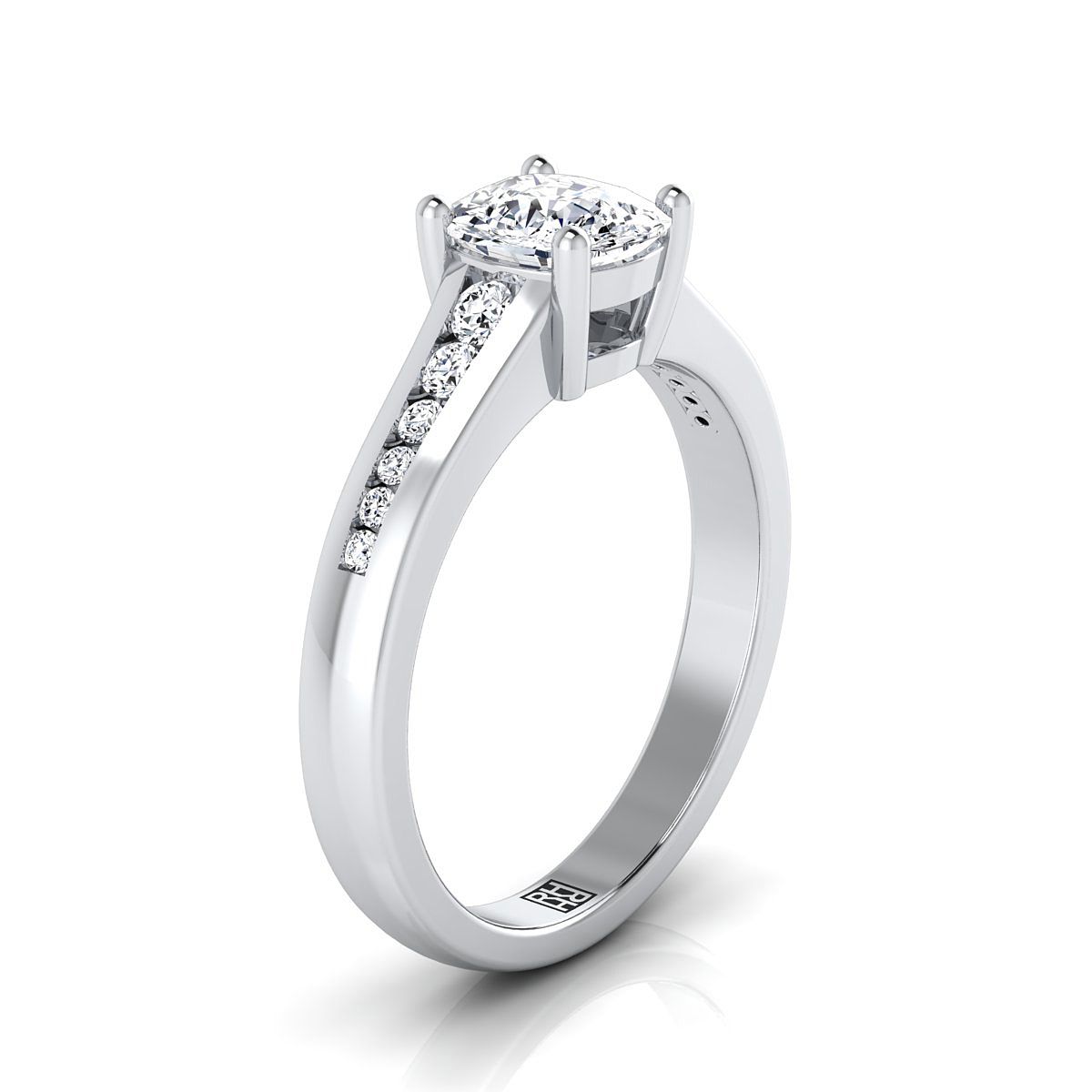 18K White Gold Cushion Contemporary Tapered Diamond Channel Engagement Ring -1/6ctw