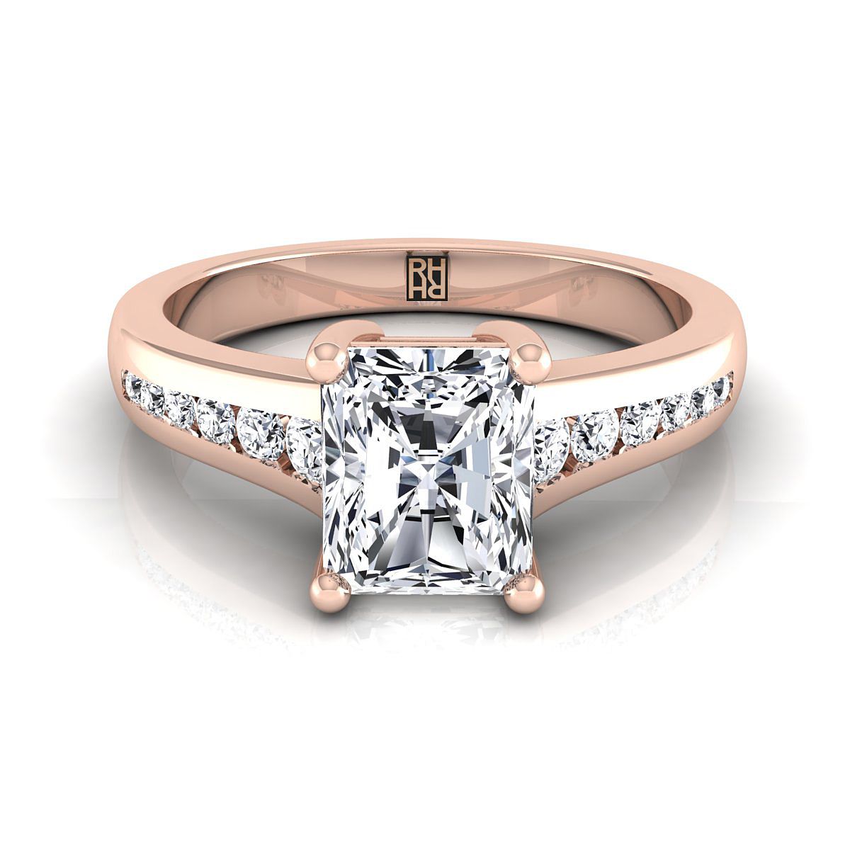 แหวนหมั้นเพชรทรงหยดน้ำ 14K Rose Gold Radiant Cut Center Contemporary Tapered -1/6ctw