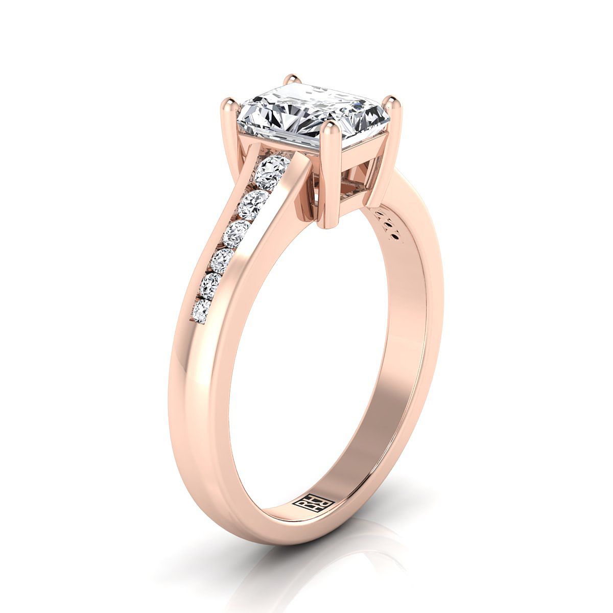 แหวนหมั้นเพชรทรงหยดน้ำ 14K Rose Gold Radiant Cut Center Contemporary Tapered -1/6ctw