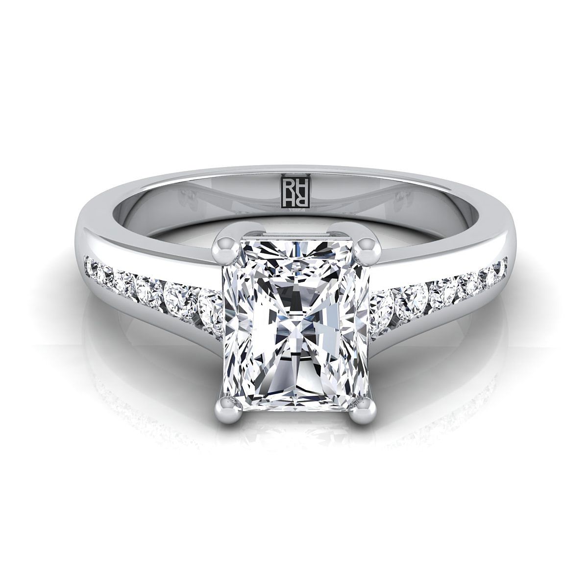 แหวนหมั้นเพชร 14K White Gold Radiant Cut Center Contemporary Tapered -1/6ctw