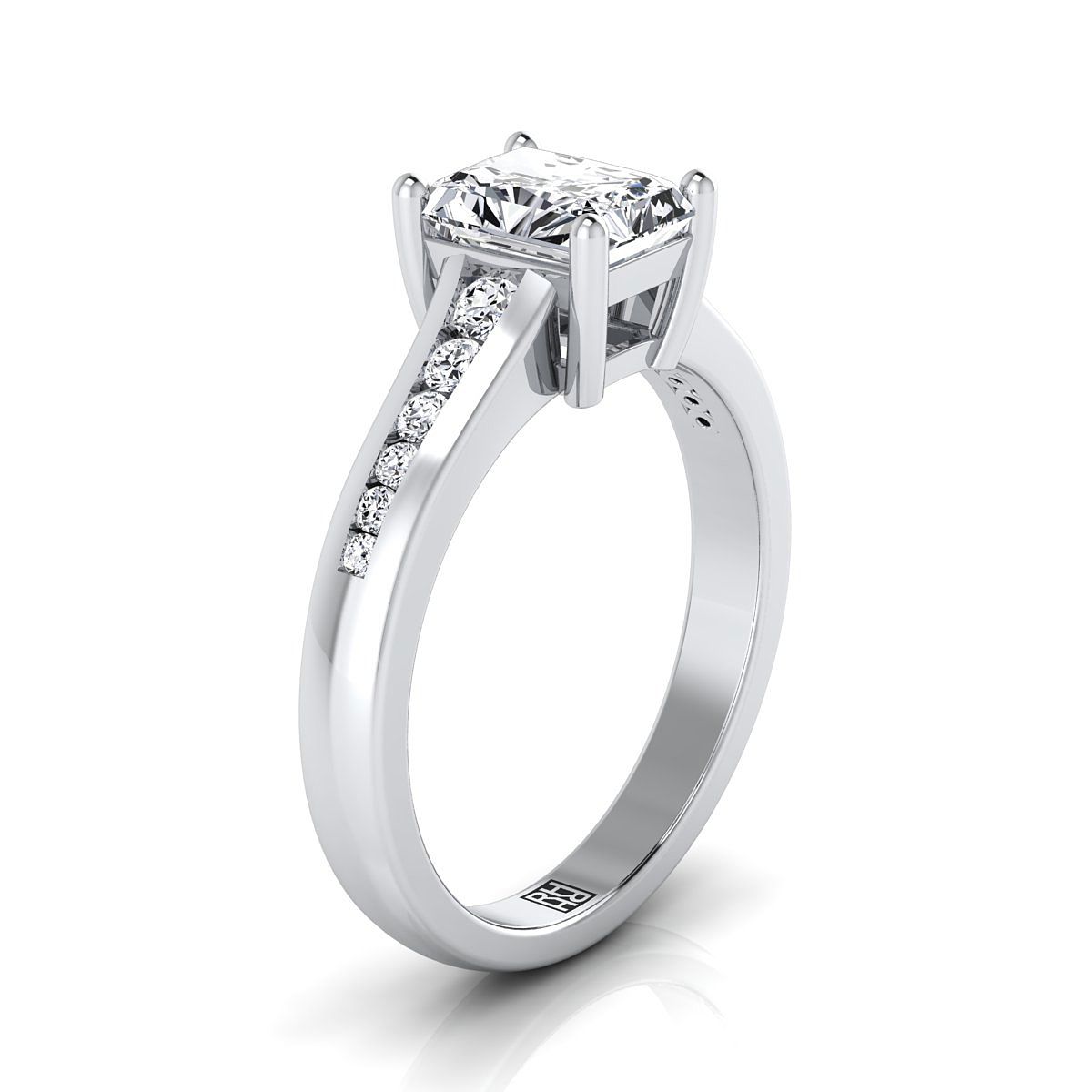 แหวนหมั้นเพชร 14K White Gold Radiant Cut Center Contemporary Tapered -1/6ctw