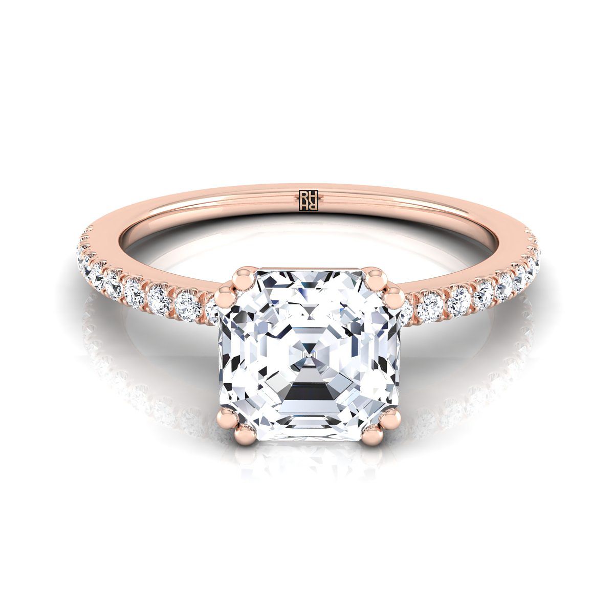 14K Rose Gold Asscher Cut Diamond Simple French Pave Double Claw Prong Engagement Ring -1/6ctw