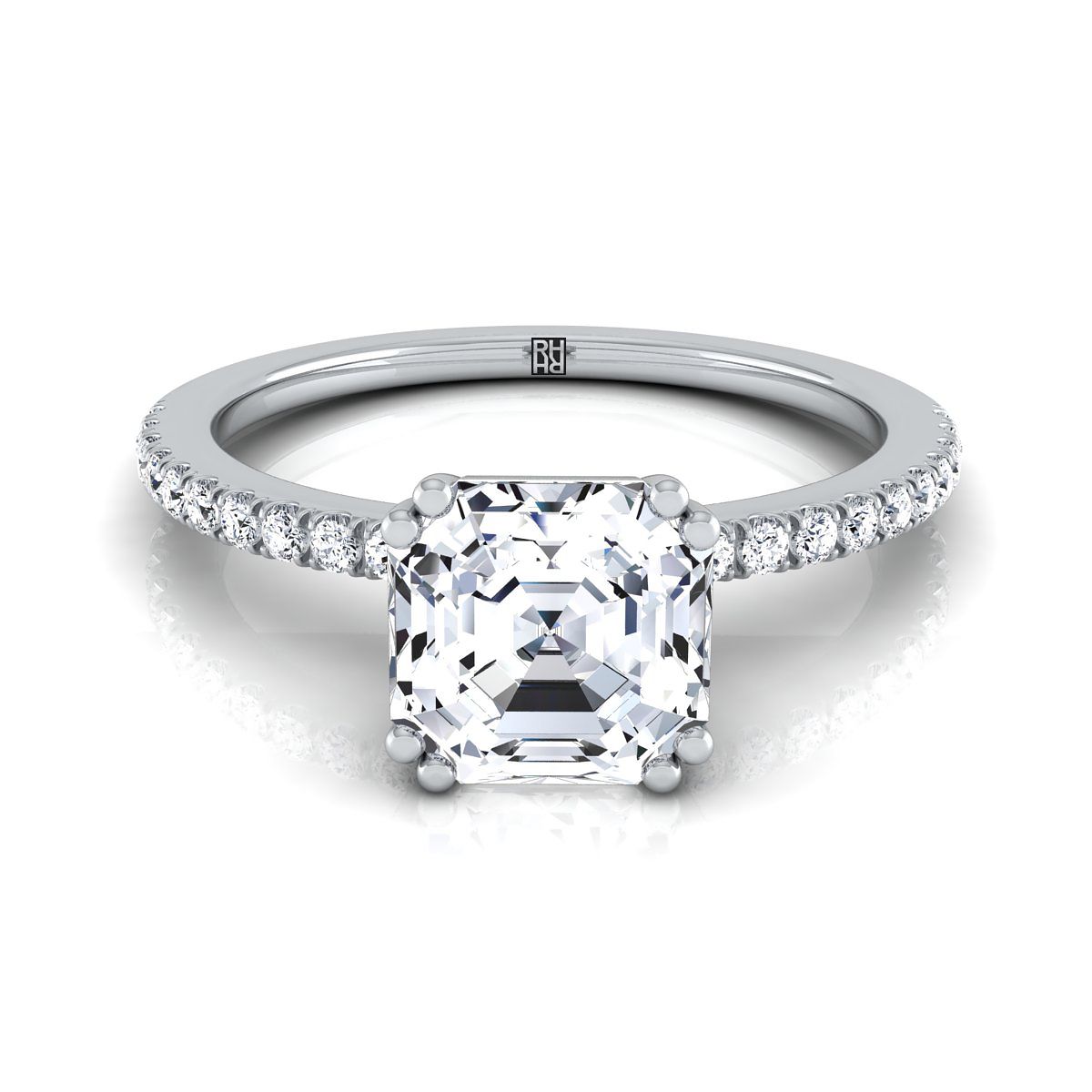 18K White Gold Asscher Cut Diamond Simple French Pave Double Claw Prong Engagement Ring -1/6ctw