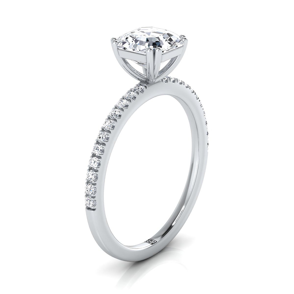 แหวนหมั้นเพชร 14K White Gold Asscher Cut Simple French Pave Double Claw Prong -1/6ctw