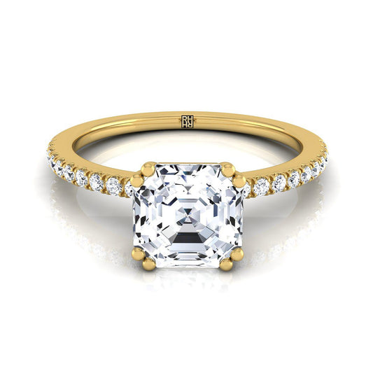 14K สีเหลืองทอง Asscher Cut เพชร Simple French Pave Double Claw Prong แหวนหมั้น -1/6ctw