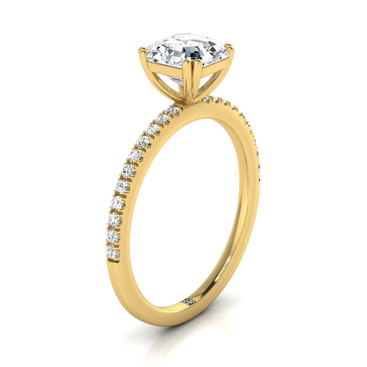 14K สีเหลืองทอง Asscher Cut เพชร Simple French Pave Double Claw Prong แหวนหมั้น -1/6ctw