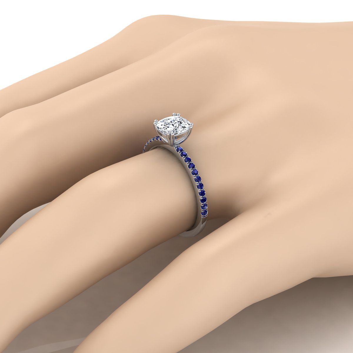 แหวนหมั้นเพชร 18K White Gold Cushion Simple French Pave Double Claw Prong Diamond