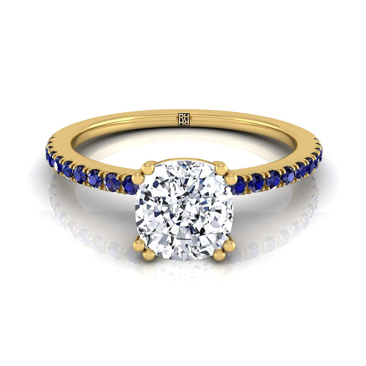 แหวนหมั้นเพชรล้อมเพชร 14K Yellow Gold Cushion Simple French Pave Double Claw Prong