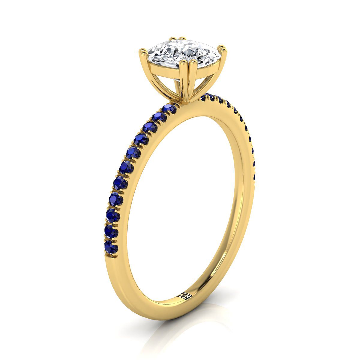 แหวนหมั้นเพชรล้อมเพชร 14K Yellow Gold Cushion Simple French Pave Double Claw Prong