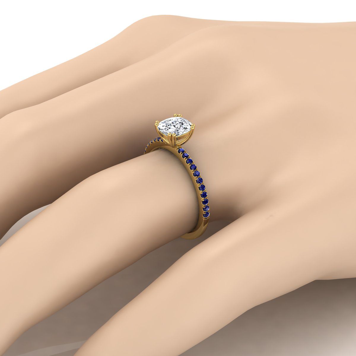 แหวนหมั้นเพชรล้อมเพชร 14K Yellow Gold Cushion Simple French Pave Double Claw Prong