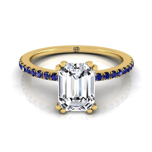 18K Yellow Gold Emerald Cut Simple French Pave Double Claw Prong Diamond Engagement Ring