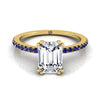 18K Yellow Gold Emerald Cut Simple French Pave Double Claw Prong Diamond Engagement Ring