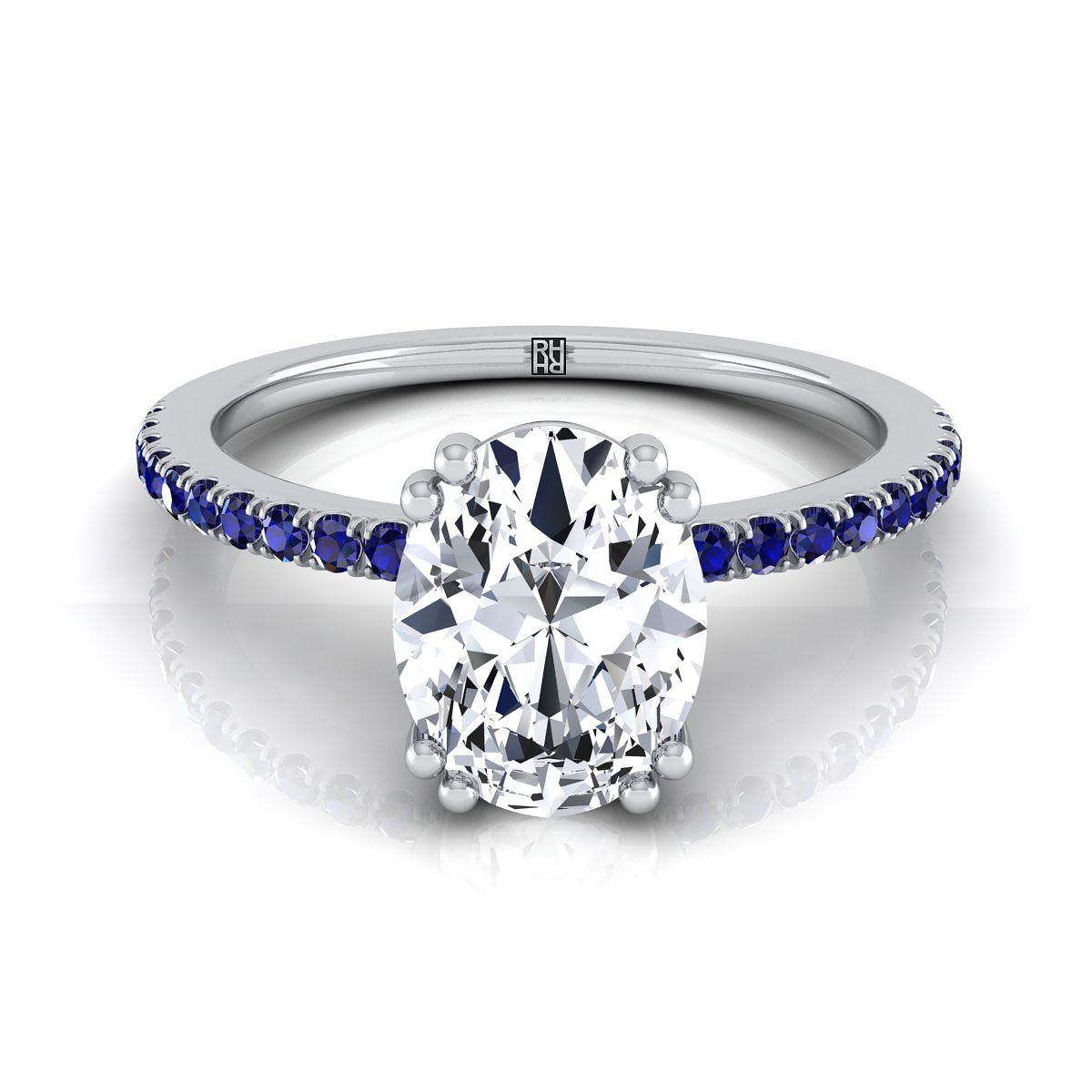 18K White Gold Oval  Simple French Pave Double Claw Prong Diamond Engagement Ring