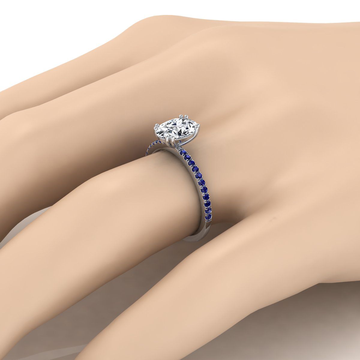 แหวนหมั้นเพชร 14K White Gold Oval Simple French Pave Double Claw Prong Diamond