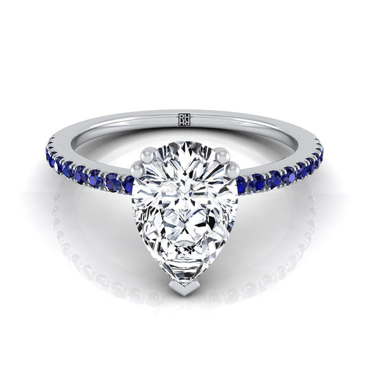 แหวนหมั้นเพชรทรงลูกแพร์ทองคำขาว 18K ตรงกลางแบบเรียบง่าย French Pave Double Claw Prong Diamond