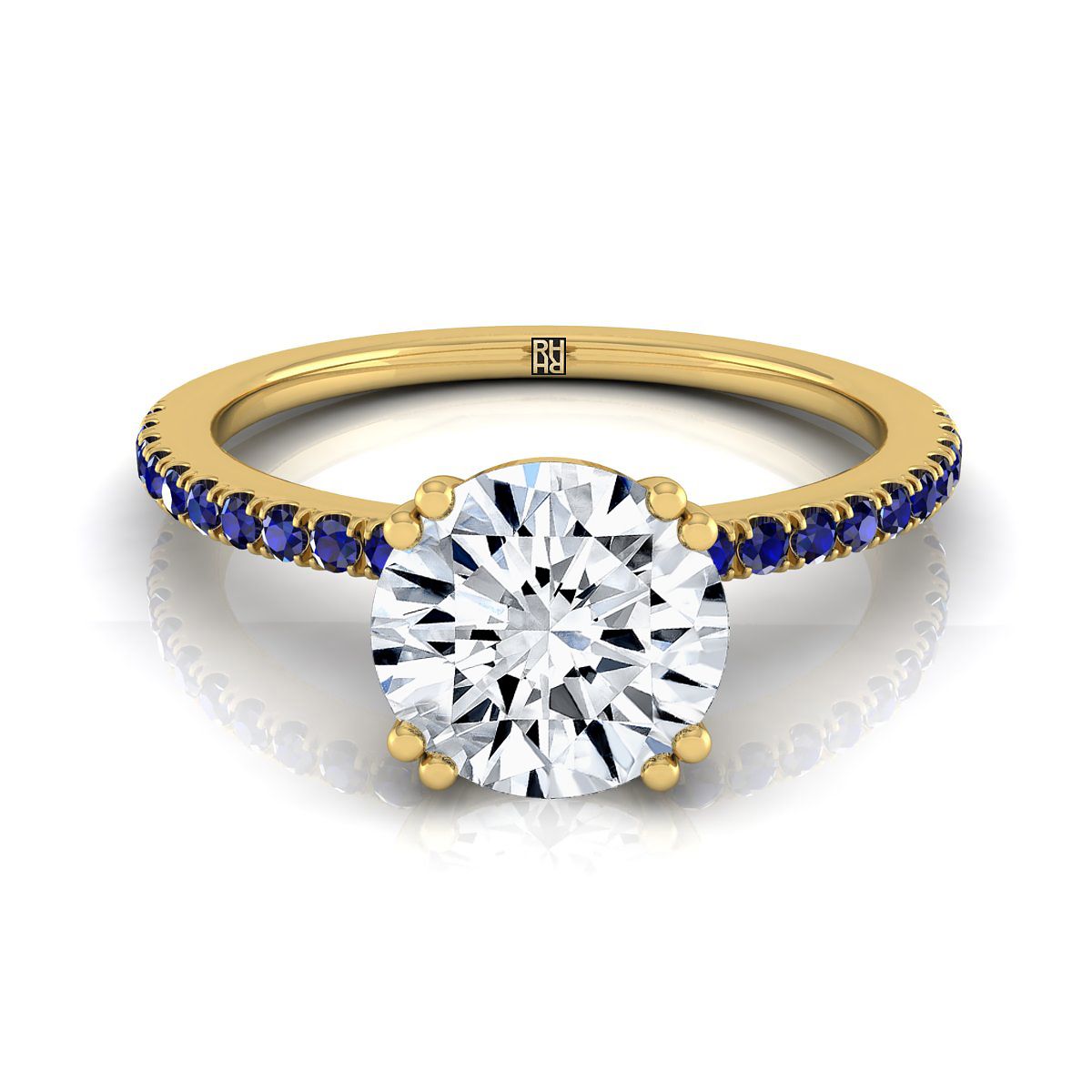 แหวนหมั้นเพชร 14K Yellow Gold Round Brilliant Simple French Pave Double Claw Prong Diamond