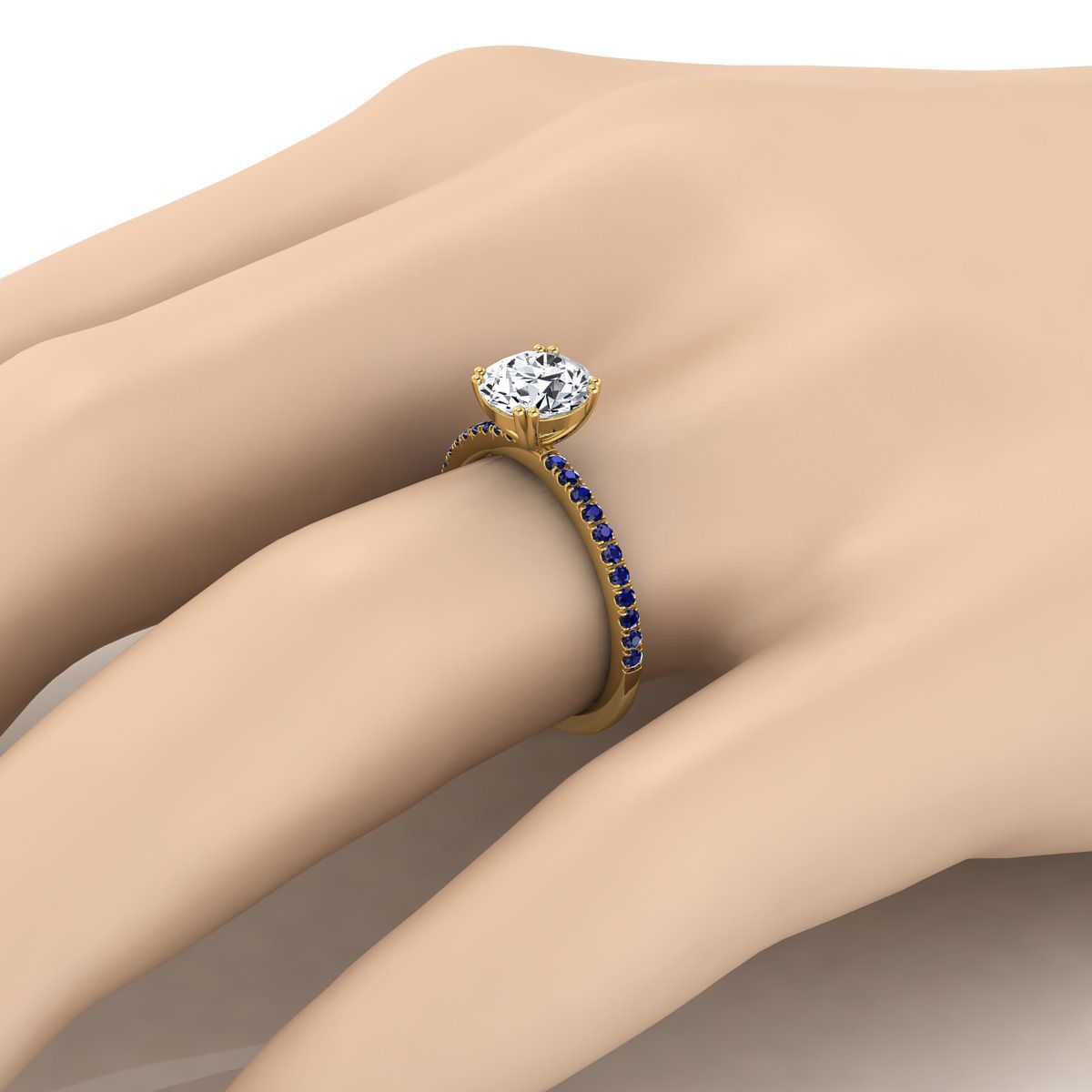 แหวนหมั้นเพชร 14K Yellow Gold Round Brilliant Simple French Pave Double Claw Prong Diamond