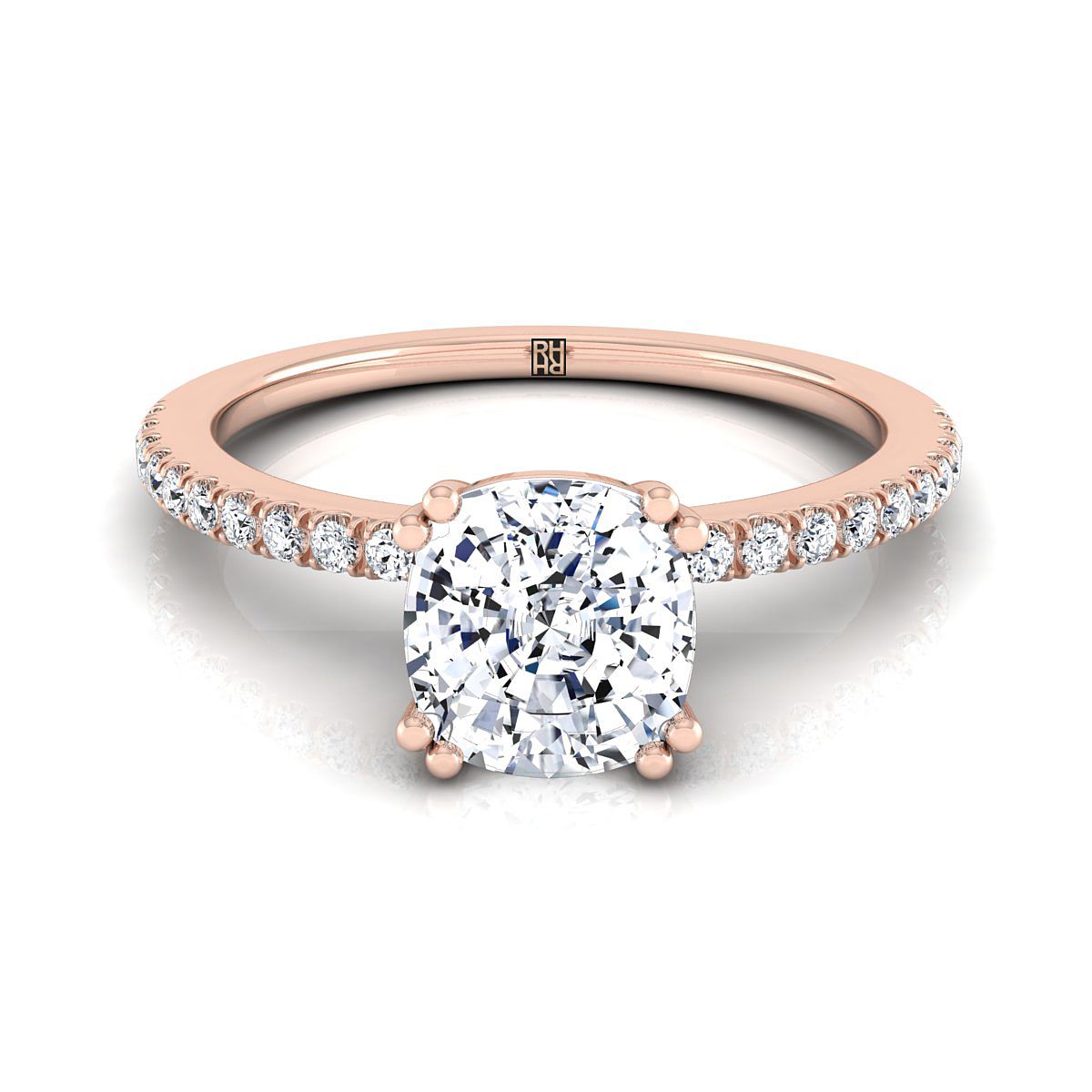 14K Rose Gold Cushion Diamond Simple French Pave Double Claw Prong Engagement Ring -1/6ctw