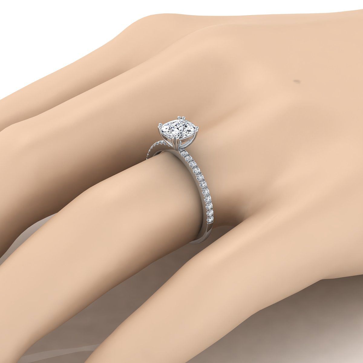 แหวนหมั้นเพชร 14K White Gold Cushion Diamond Simple French Pave Double Claw Prong -1/6ctw