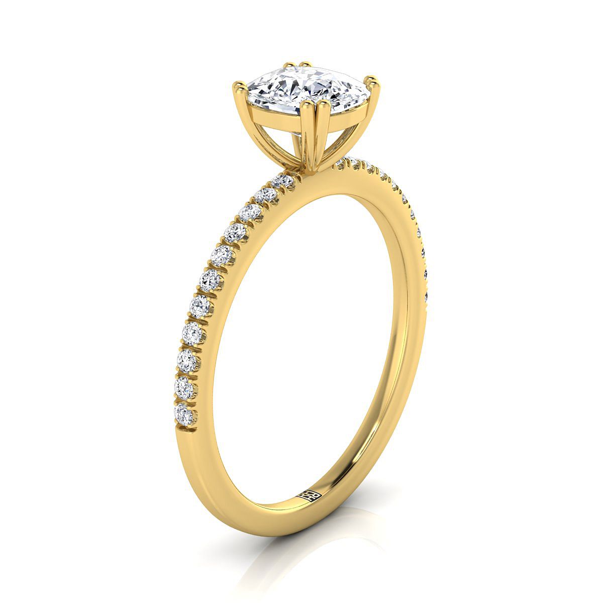 14K Yellow Gold Cushion Diamond Simple French Pave Double Claw Prong Engagement Ring -1/6ctw