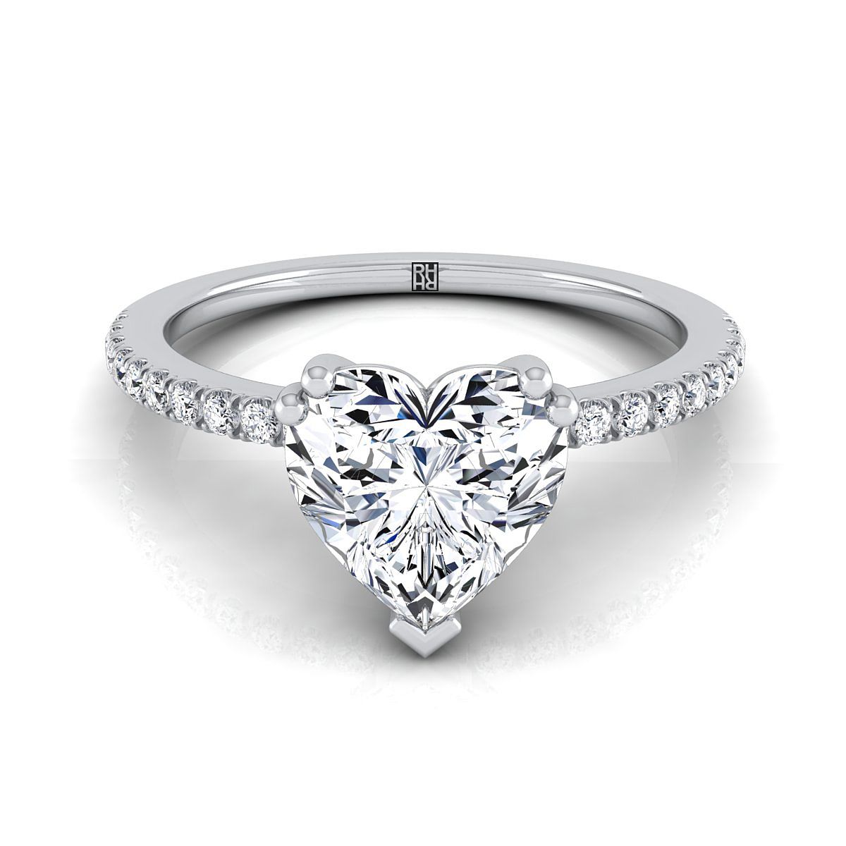 แหวนเพชรกลางรูปหัวใจแพลทินัม Simple French Pave Double Claw Prong Engagement Ring -1/6ctw