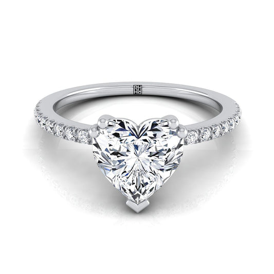 แหวนเพชรกลางรูปหัวใจแพลทินัม Simple French Pave Double Claw Prong Engagement Ring -1/6ctw