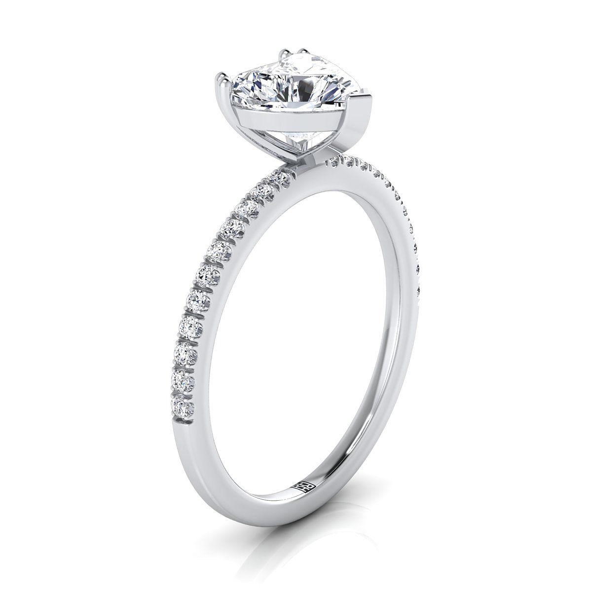 แหวนเพชรกลางรูปหัวใจแพลทินัม Simple French Pave Double Claw Prong Engagement Ring -1/6ctw