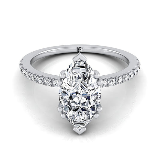 14K White Gold Marquise  Diamond Simple French Pave Double Claw Prong Engagement Ring -1/6ctw