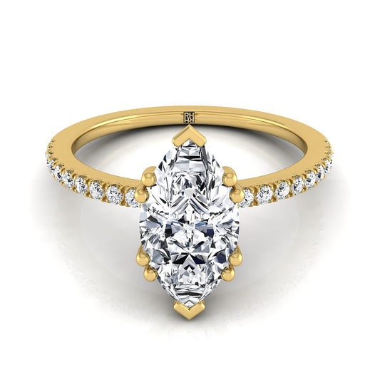 18K Yellow Gold Marquise  Diamond Simple French Pave Double Claw Prong Engagement Ring -1/6ctw