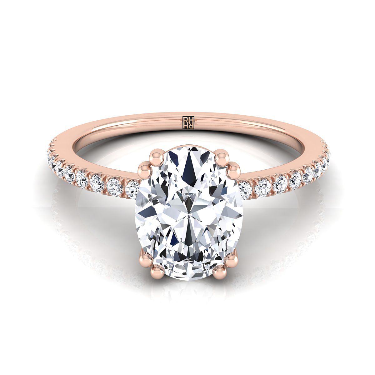 แหวนหมั้นเพชรทรงรี 14K Rose Gold Simple French Pave Double Claw Prong -1/6ctw