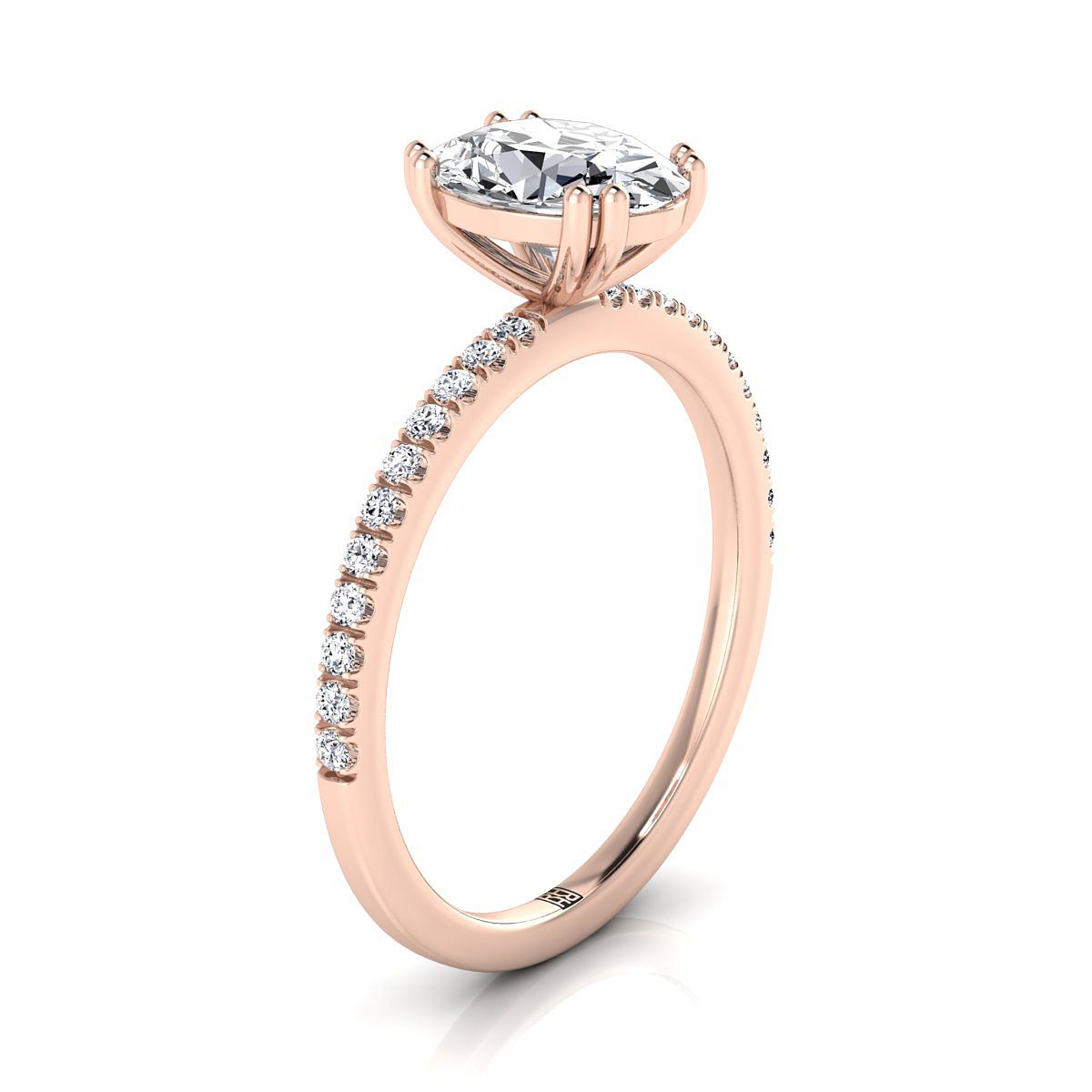 แหวนหมั้นเพชรทรงรี 14K Rose Gold Simple French Pave Double Claw Prong -1/6ctw