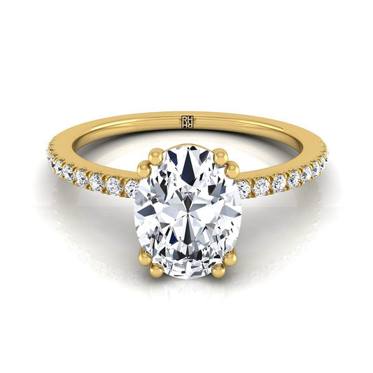 14K Yellow Gold Oval Diamond Simple French Pave Double Claw Prong Engagement Ring -1/6ctw