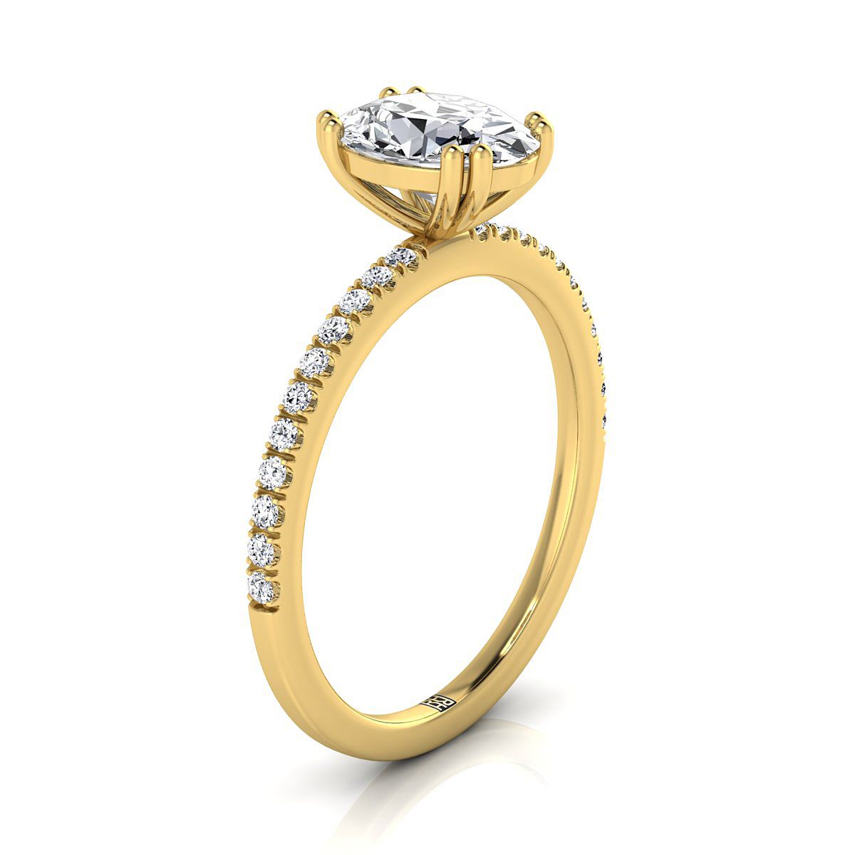 14K Yellow Gold Oval Diamond Simple French Pave Double Claw Prong Engagement Ring -1/6ctw