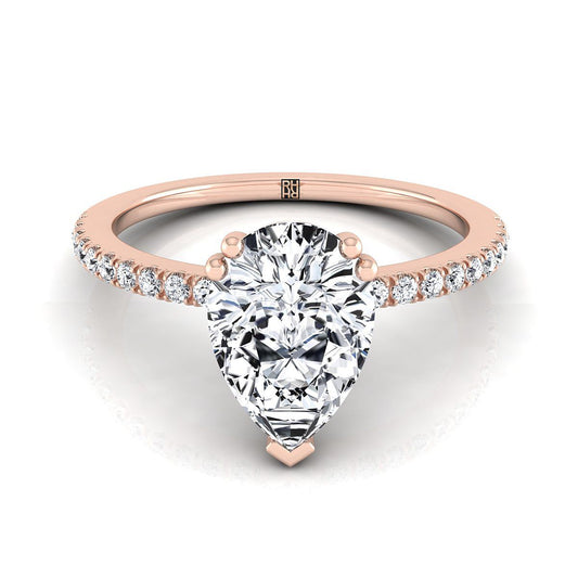 14K Rose Gold Pear Shape Center Diamond Simple French Pave Double Claw Prong แหวนหมั้น -1/6ctw