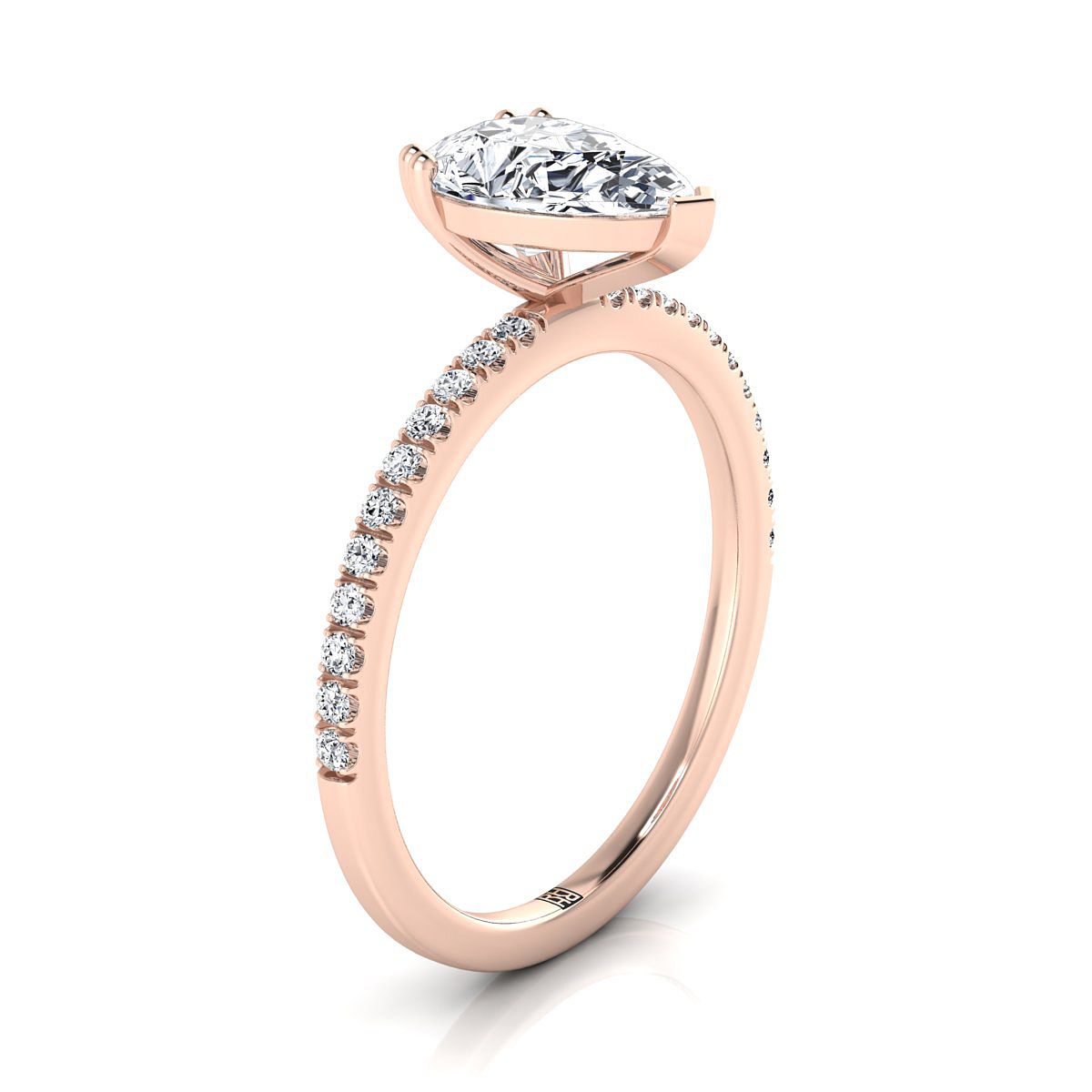 14K Rose Gold Pear Shape Center Diamond Simple French Pave Double Claw Prong Engagement Ring -1/6ctw