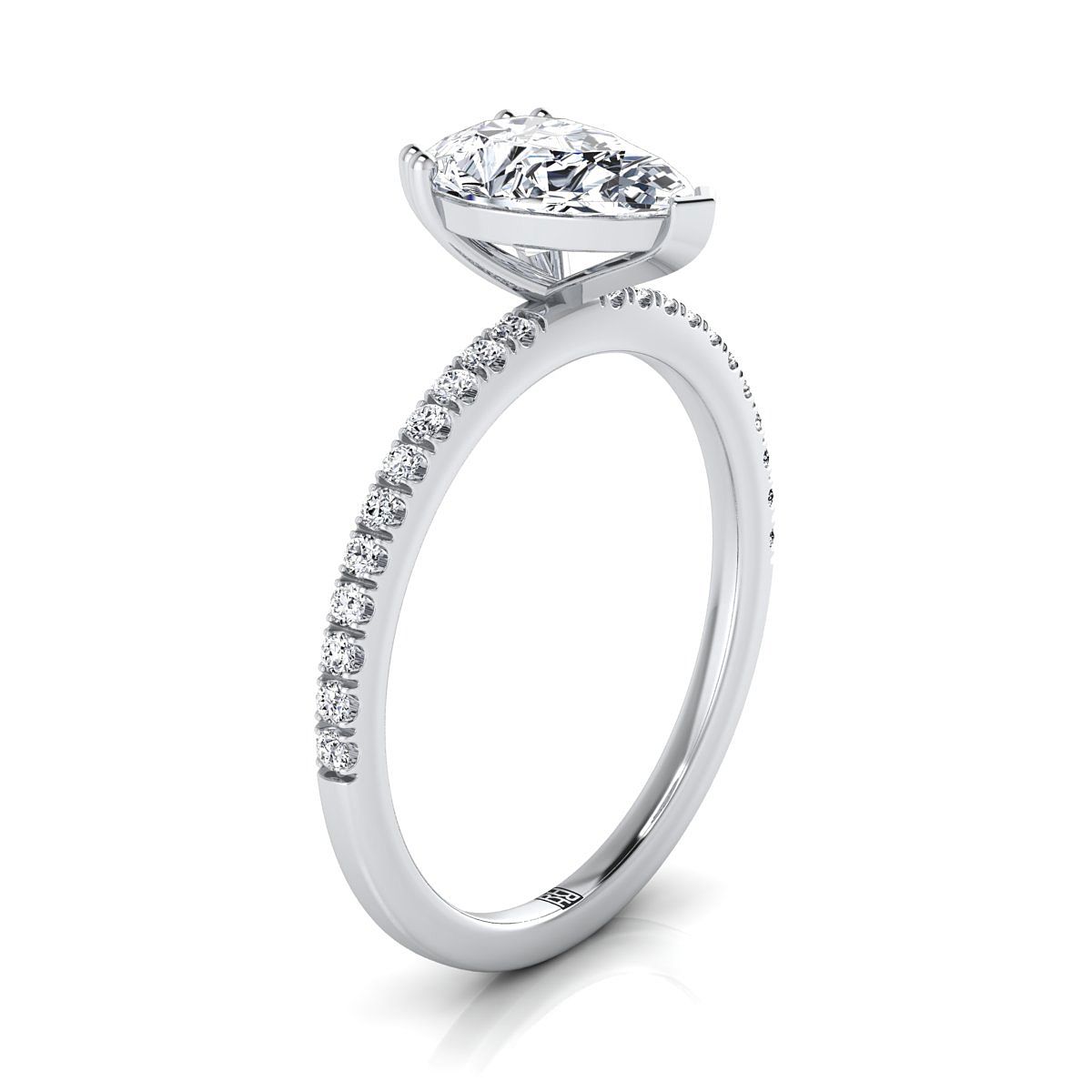 18K สีขาวทอง Pear Shape Center เพชร Simple French Pave Double Claw PRONG แหวนหมั้น -1/6ctw