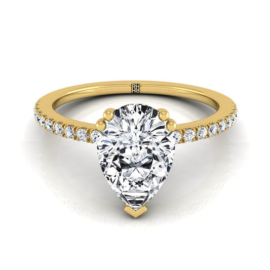 18K Yellow Gold Pear Shape Center Diamond Simple French Pave Double Claw Prong Engagement Ring -1/6ctw