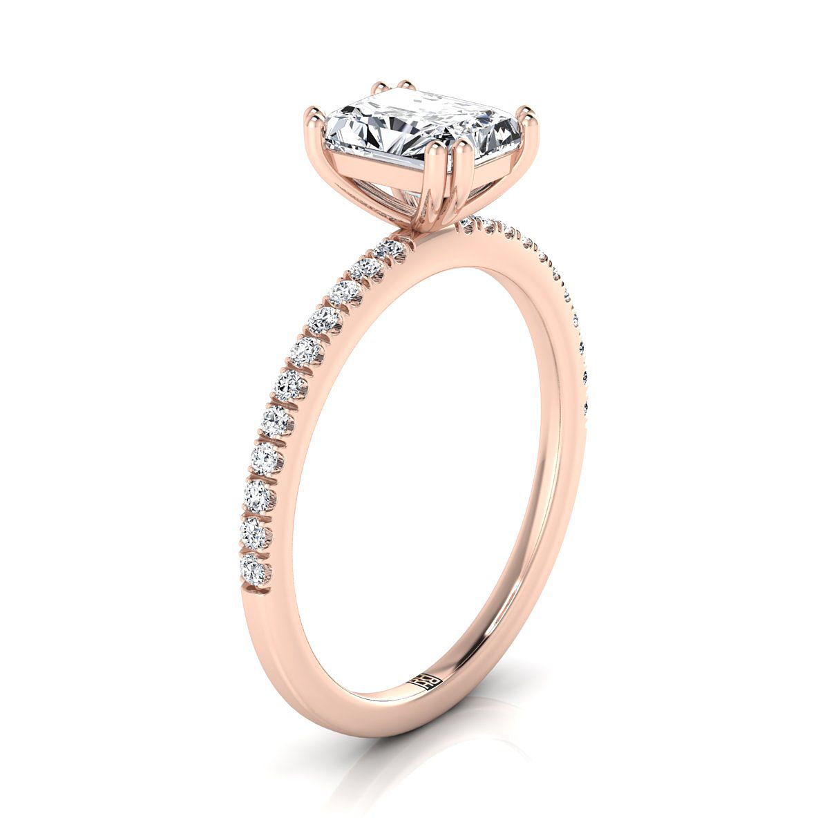 14K Rose Gold Radiant Cut Center Diamond Simple French Pave Double Claw Prong แหวนหมั้น -1/6ctw