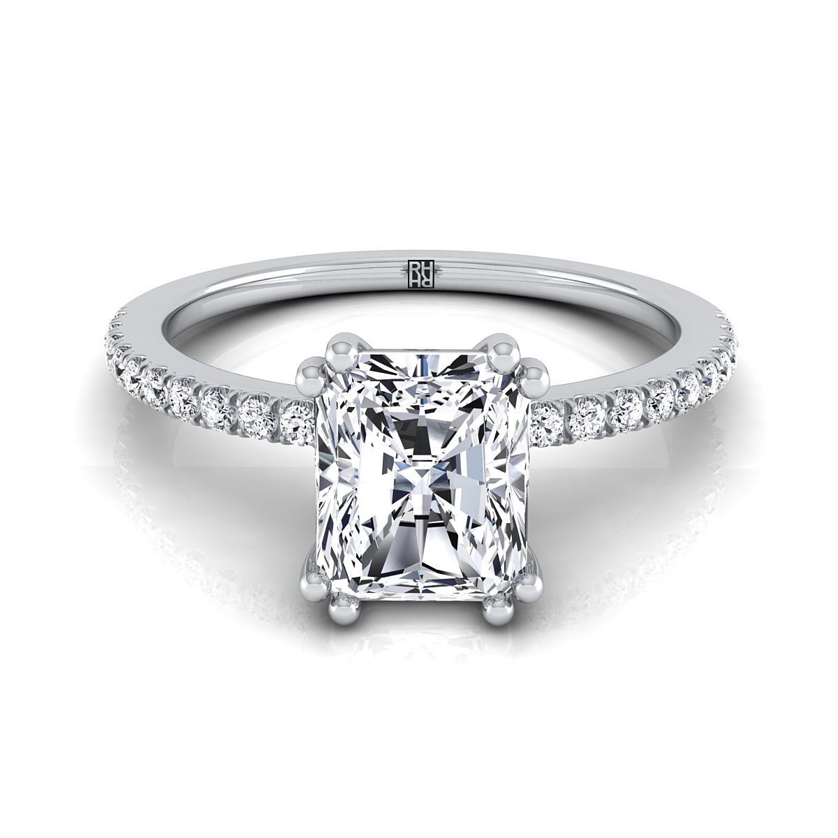 14K สีขาวทอง Radiant Cut Center เพชร Simple French Pave Double Claw Prong แหวนหมั้น -1/6ctw