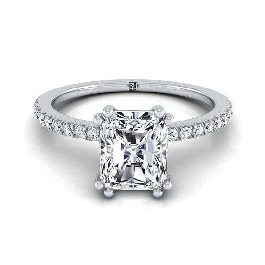 14K สีขาวทอง Radiant Cut Center เพชร Simple French Pave Double Claw Prong แหวนหมั้น -1/6ctw