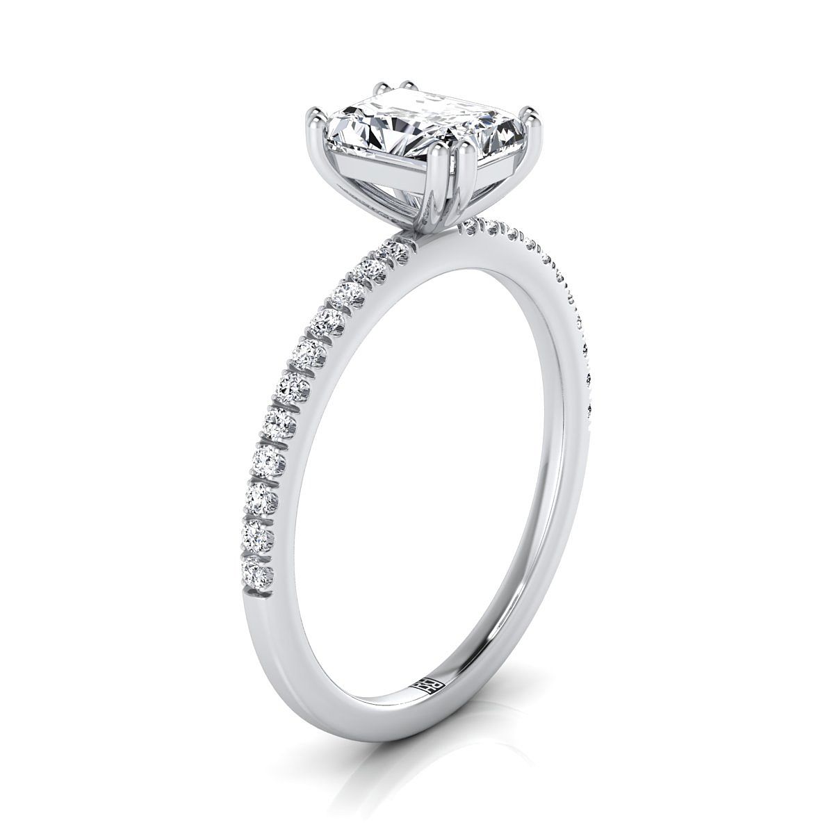 14K สีขาวทอง Radiant Cut Center เพชร Simple French Pave Double Claw Prong แหวนหมั้น -1/6ctw