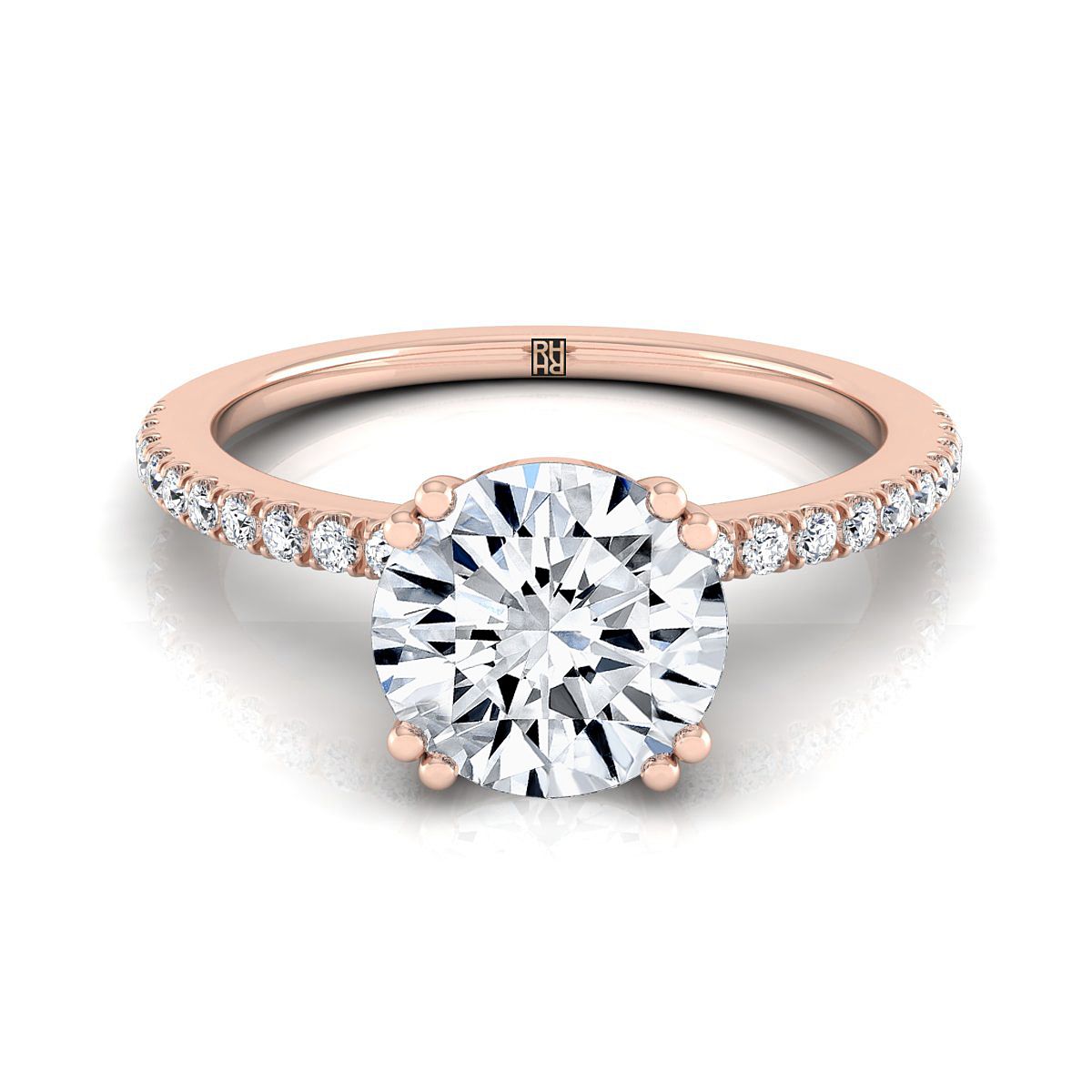 14K Rose Gold Round Brilliant Diamond Simple French Pave Double Claw Prong แหวนหมั้น -1/6ctw