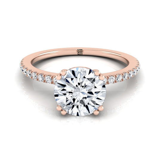 14K Rose Gold Round Brilliant Diamond Simple French Pave Double Claw Prong แหวนหมั้น -1/6ctw