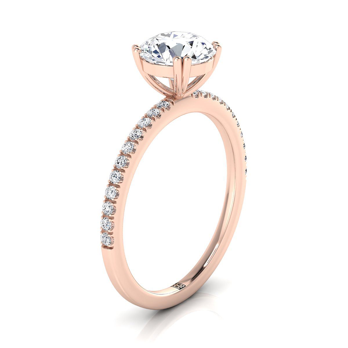 14K Rose Gold Round Brilliant Diamond Simple French Pave Double Claw Prong แหวนหมั้น -1/6ctw