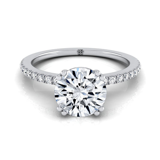 14K สีขาวทอง Round Brilliant Diamond Simple French Pave Double Claw Prong แหวนหมั้น -1/6ctw