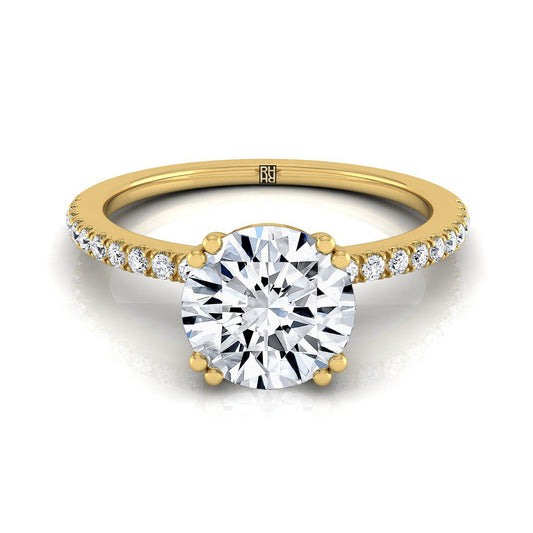 18K Yellow Gold Round Brilliant Diamond Simple French Pave Double Claw Prong Engagement Ring -1/6ctw