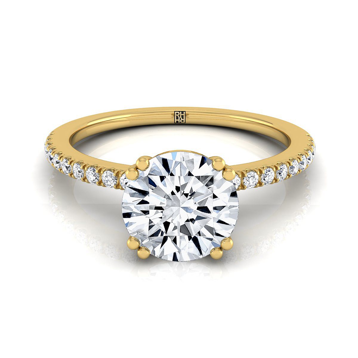 14K สีเหลืองทอง Round Brilliant Diamond Simple French Pave Double Claw Prong แหวนหมั้น -1/6ctw