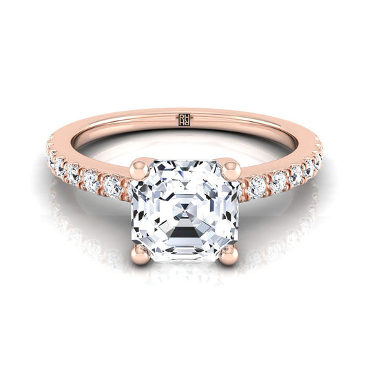 แหวนหมั้นเพชร 14K Rose Gold Asscher Cut Simple Linear -1/5ctw