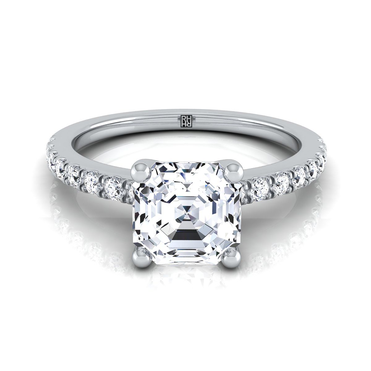 แหวนหมั้นเพชร 14K White Gold Asscher Cut Simple Linear Diamond Pave -1/5ctw